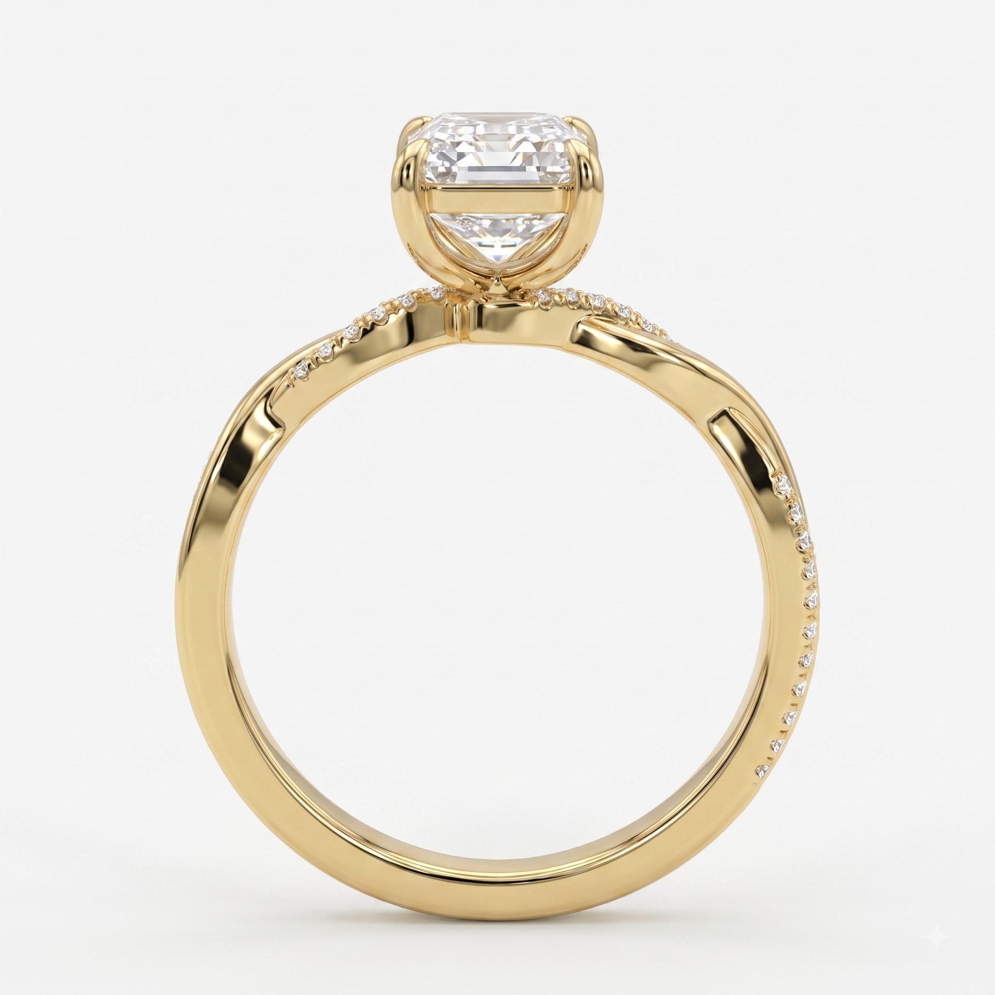The Lumière Emerald Cut Diamond Twisted Pavé Side Stone Ring