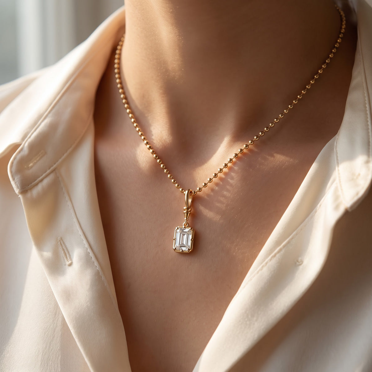 Elegant Emerald-Cut Solitaire Pendant with Beaded Gold Chain