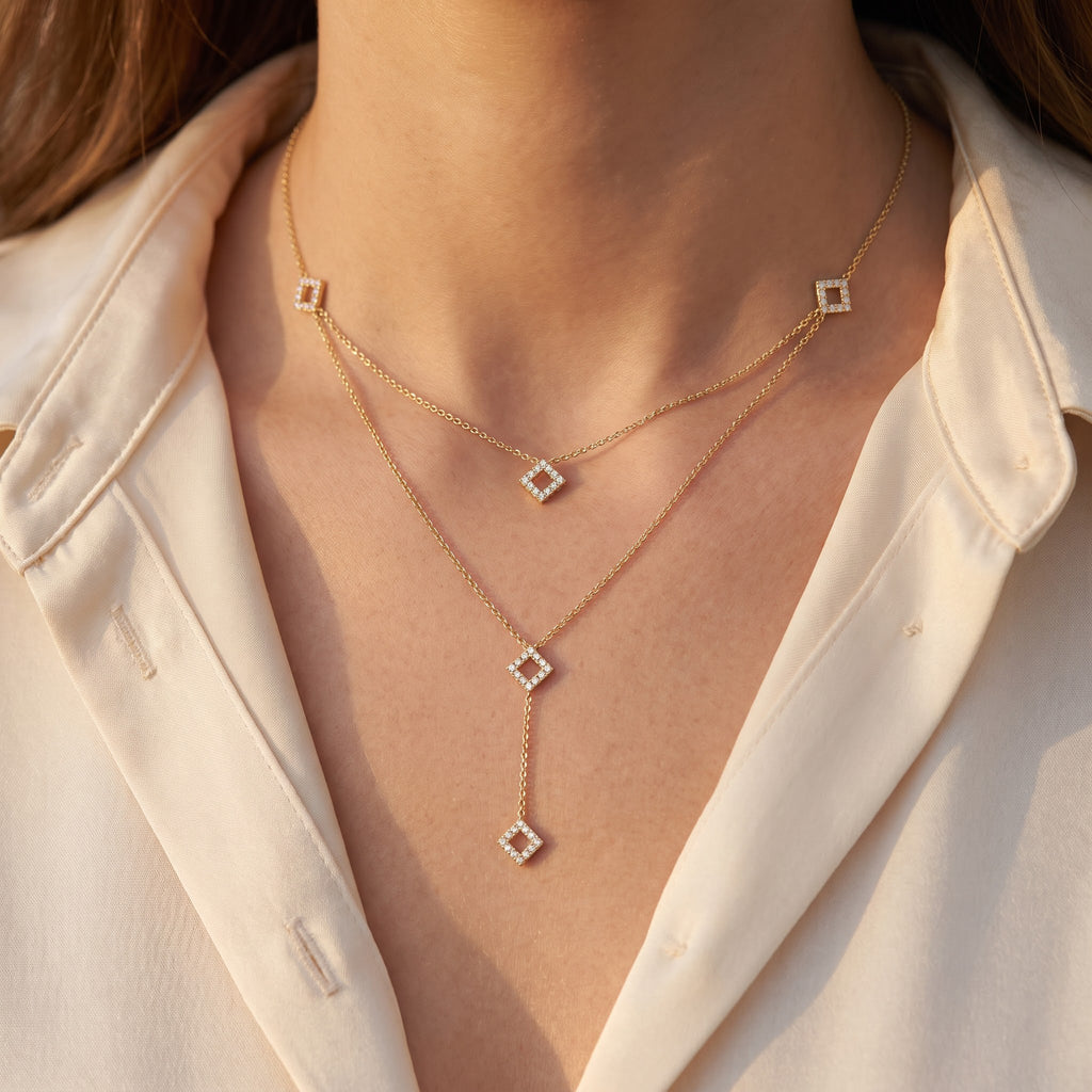 Celestia Luxe Double-Layer Geometric Round Diamond Fashion Necklace