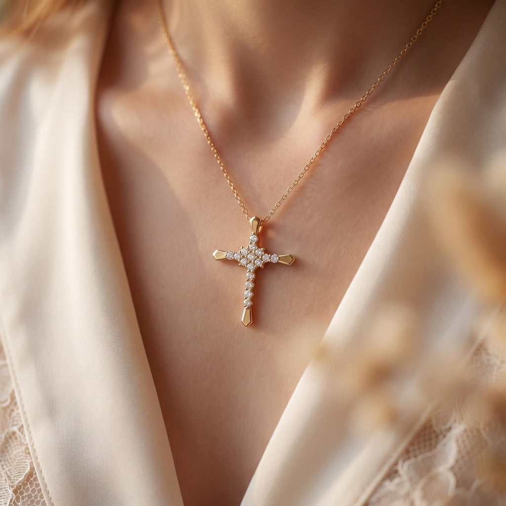 Celestial Bloom Round Diamond Cross Pendant Necklace