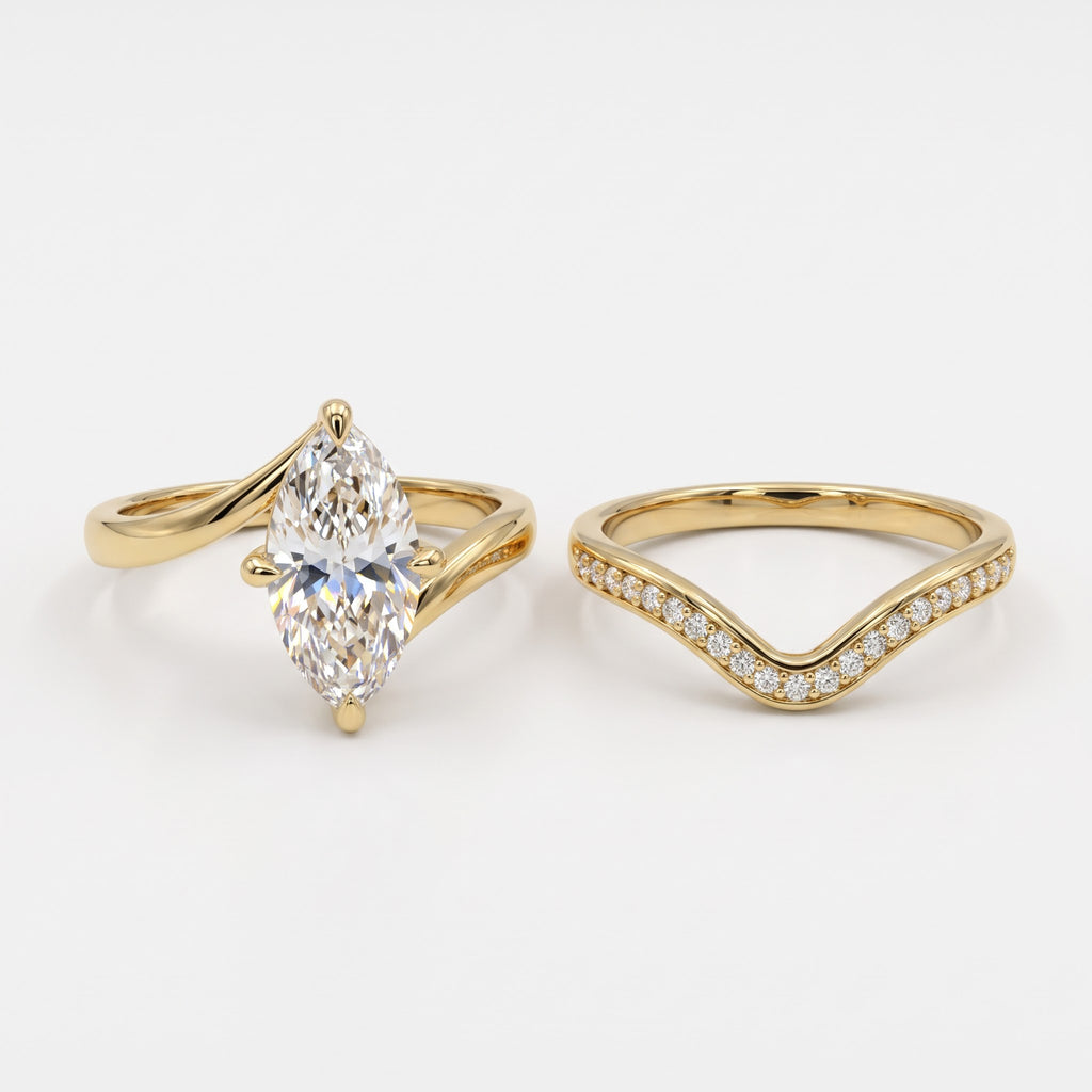 Elegant Marquise cut Diamond V-Shaped Pavé Side Stone Ring