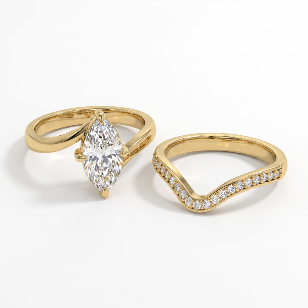 Elegant Marquise cut Diamond V-Shaped Pavé Side Stone Ring