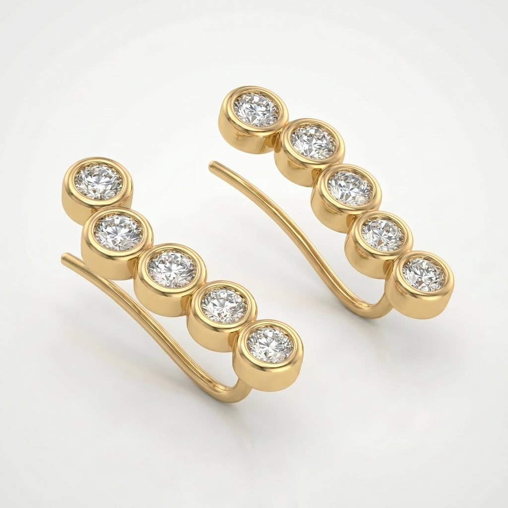 Side profile of yellow gold diamond ear climber earrings with polished bezel settings and curved hook
