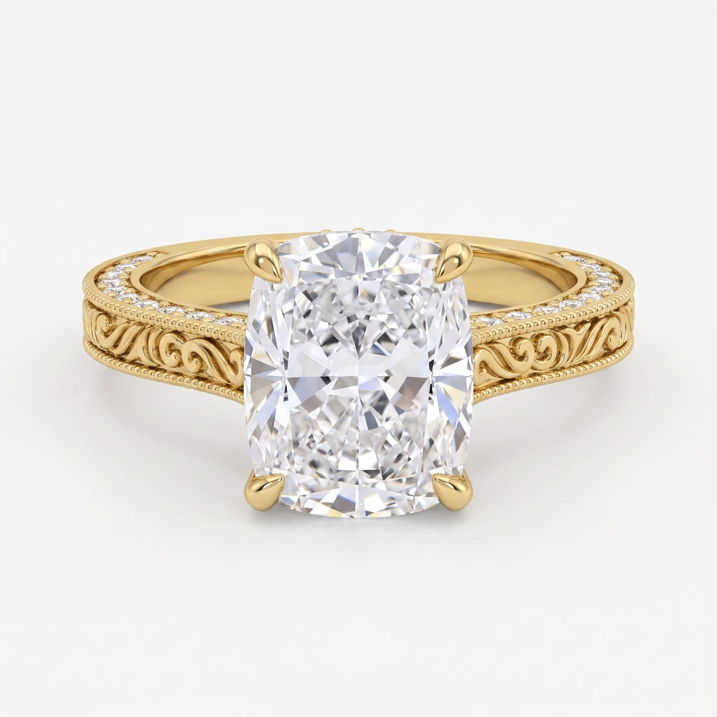 Vintage Inspired Long Cushion Cut Diamond Hidden Halo Ring