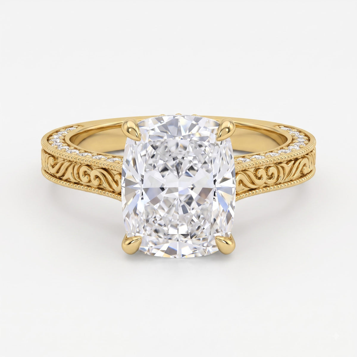 Vintage Inspired Long Cushion Cut Diamond Hidden Halo Ring