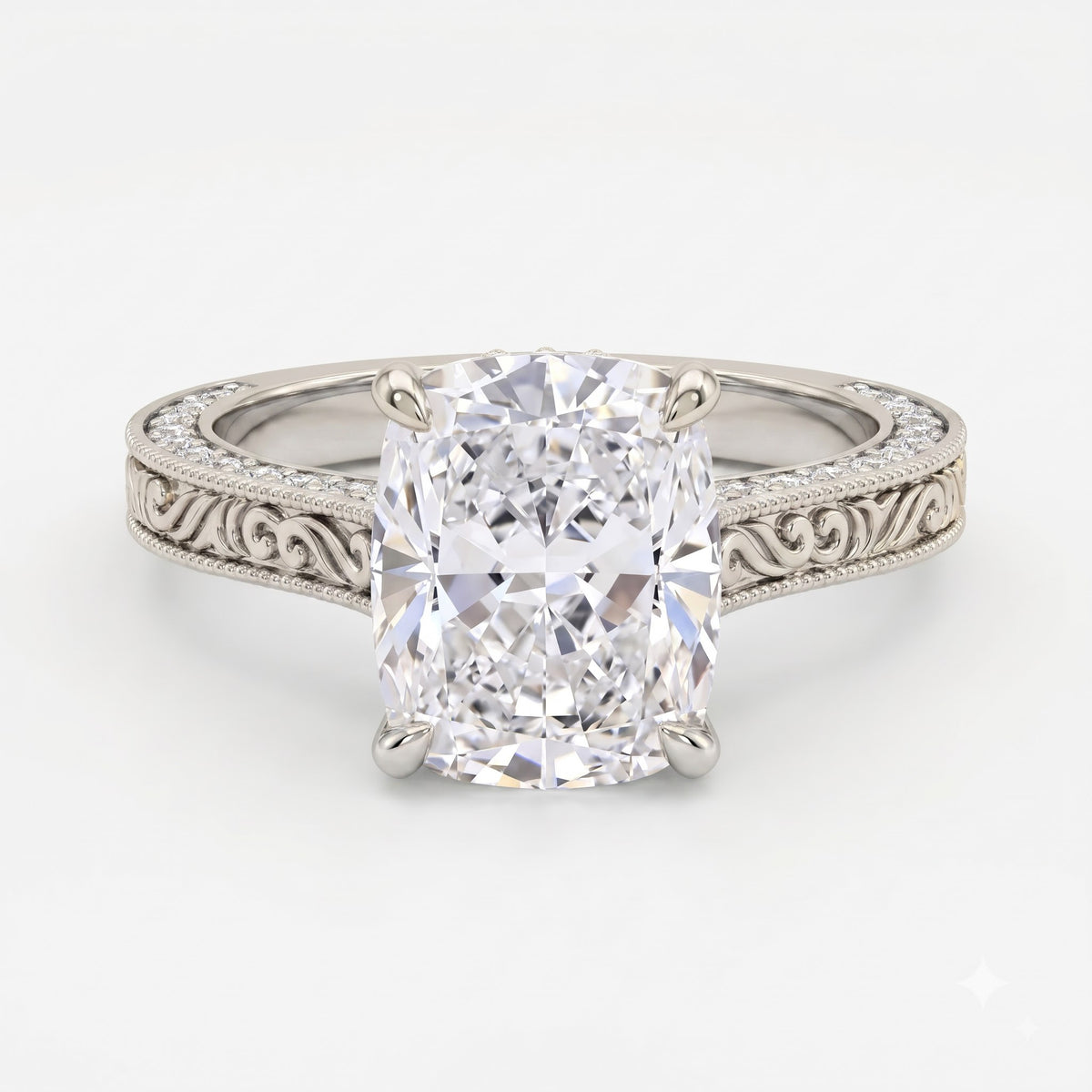 Vintage Inspired Long Cushion Cut Diamond Hidden Halo Ring