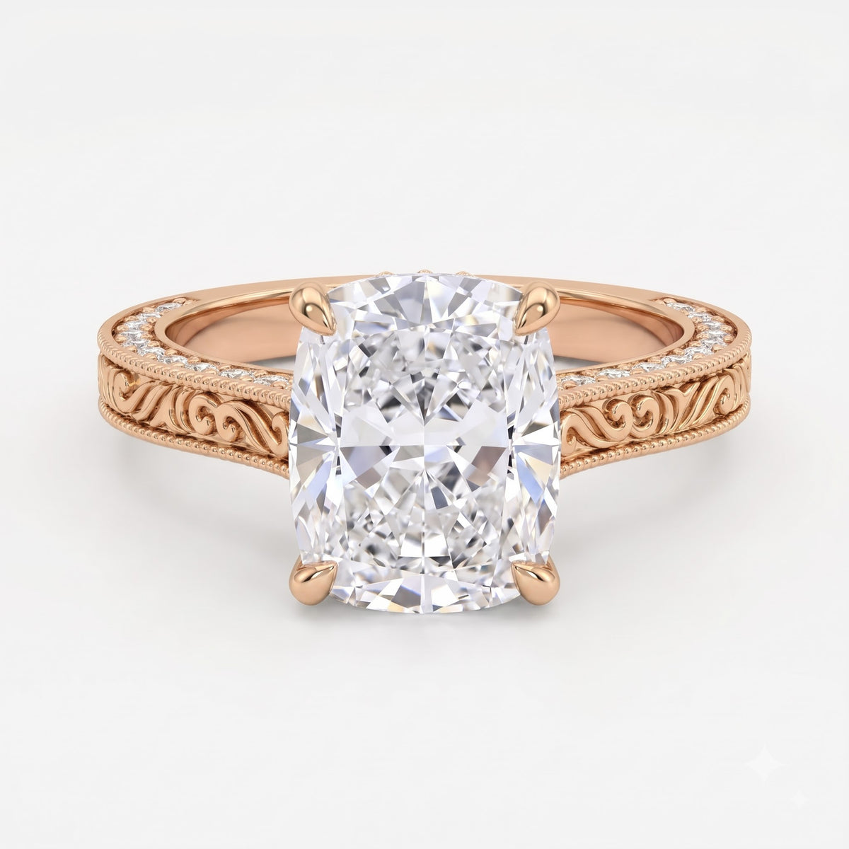 Vintage Inspired Long Cushion Cut Diamond Hidden Halo Ring