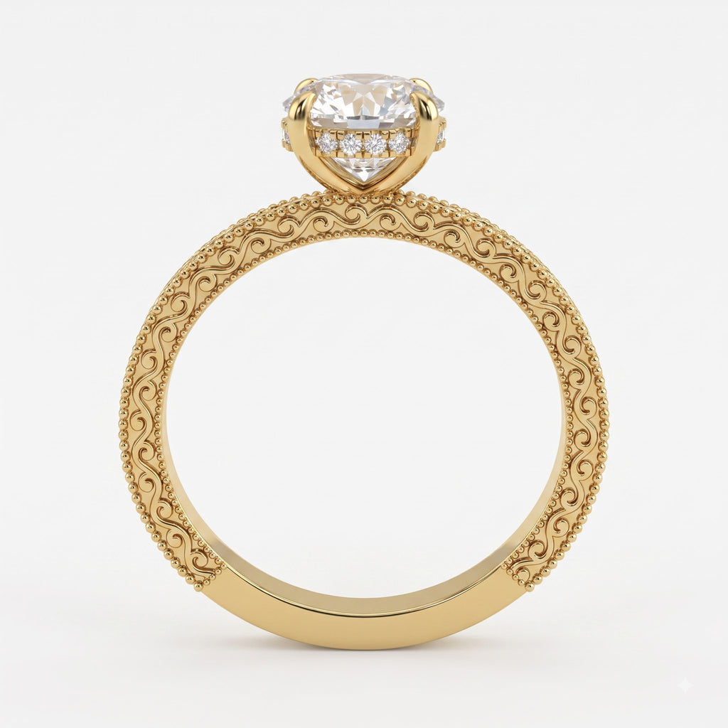 Vintage Inspired Regal Bloom Round Diamond Hidden Halo Ring
