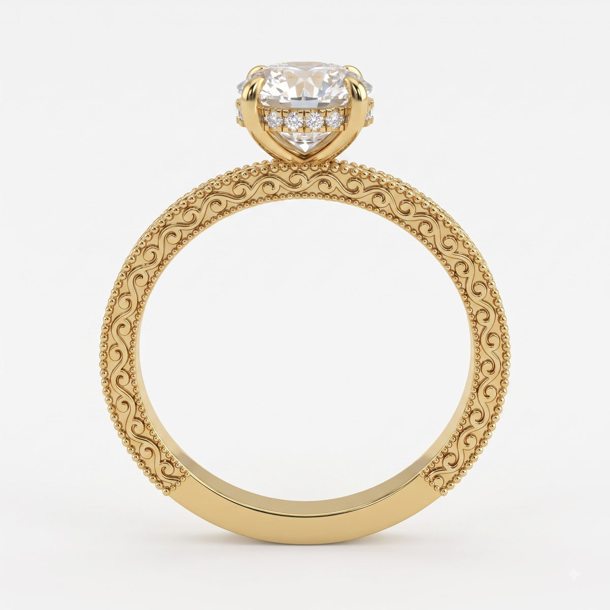 Vintage Inspired Regal Bloom Round Diamond Hidden Halo Ring