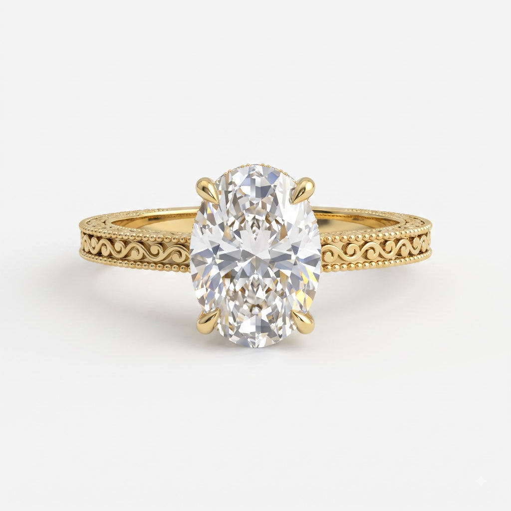 Aurelia Élan Oval-Cut Vintage Scrollwork Hidden Halo Ring