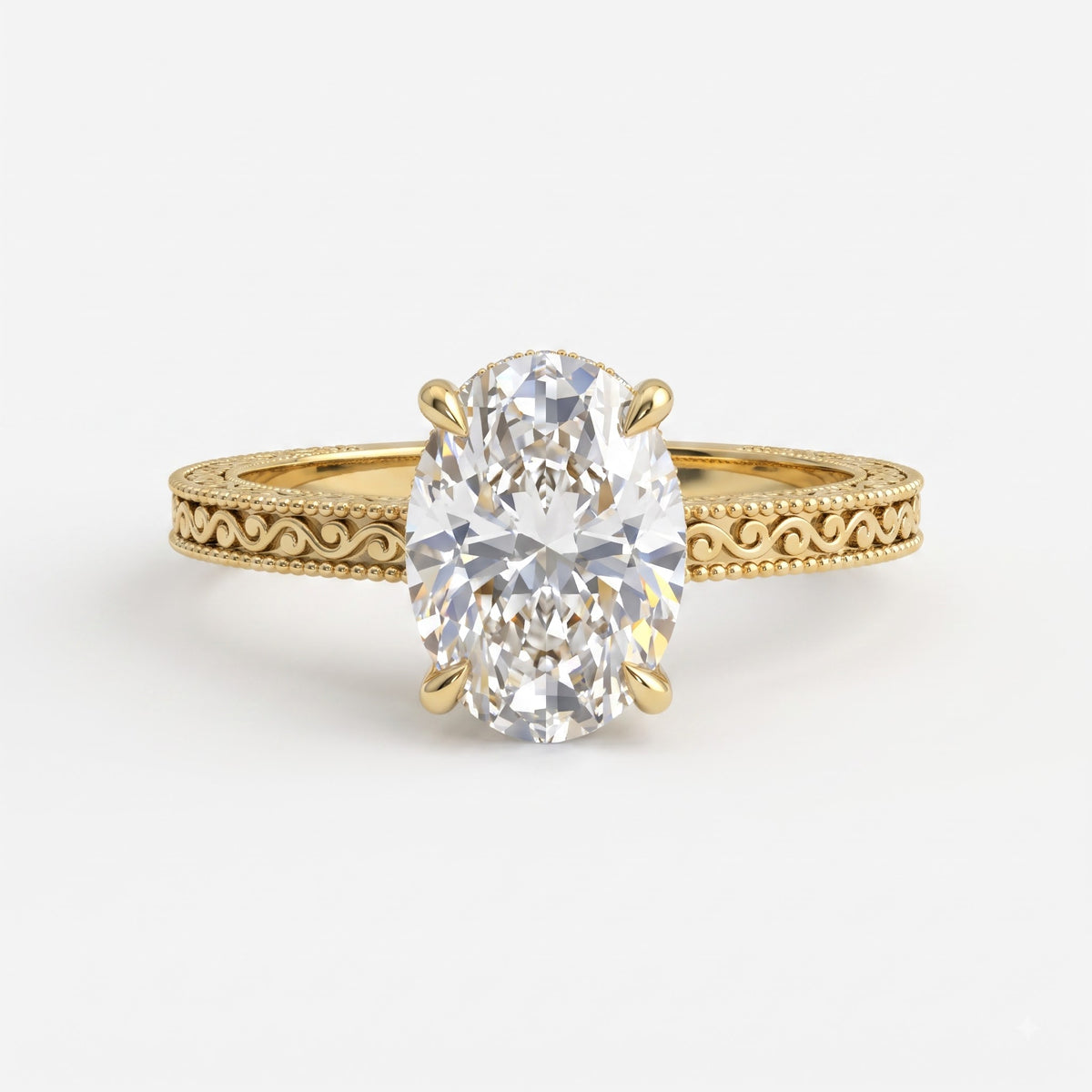 Aurelia Élan Oval-Cut Vintage Scrollwork Hidden Halo Ring