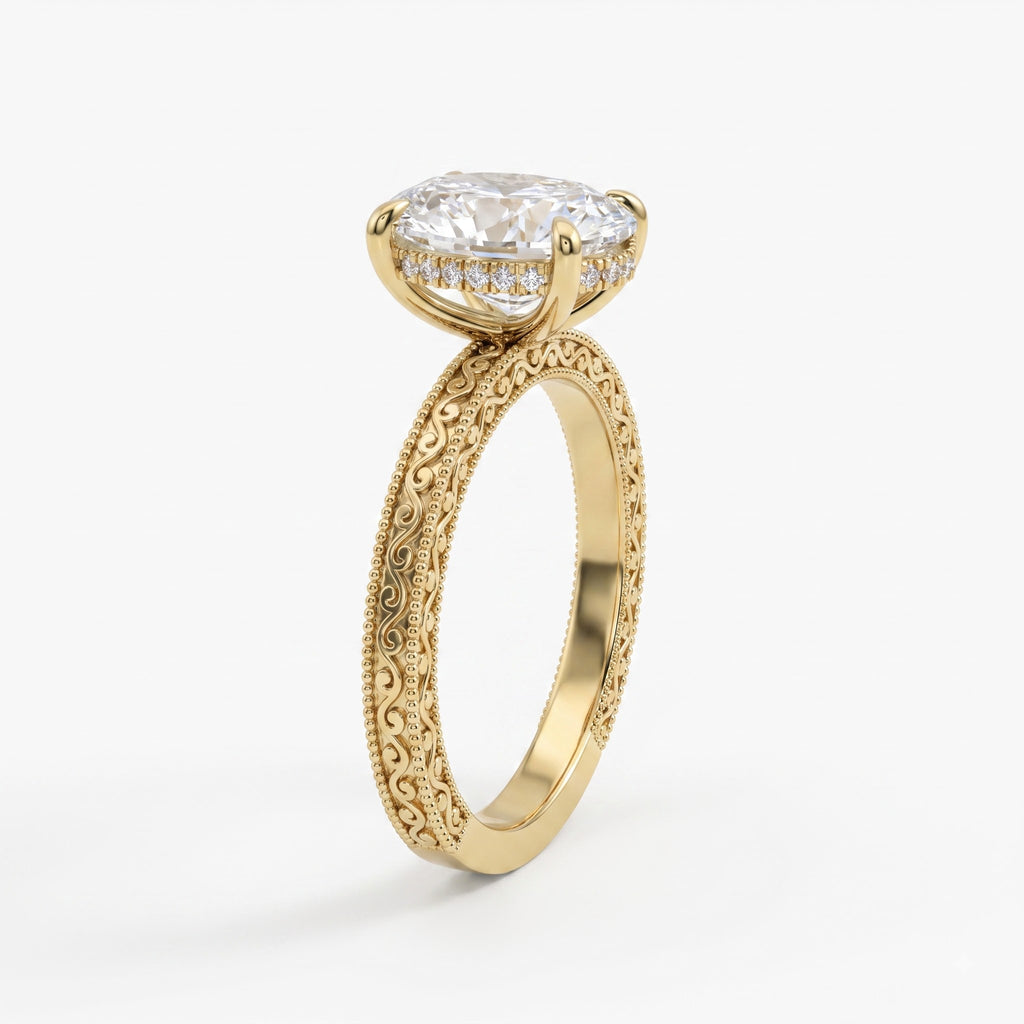 Aurelia Élan Oval-Cut Vintage Scrollwork Hidden Halo Ring