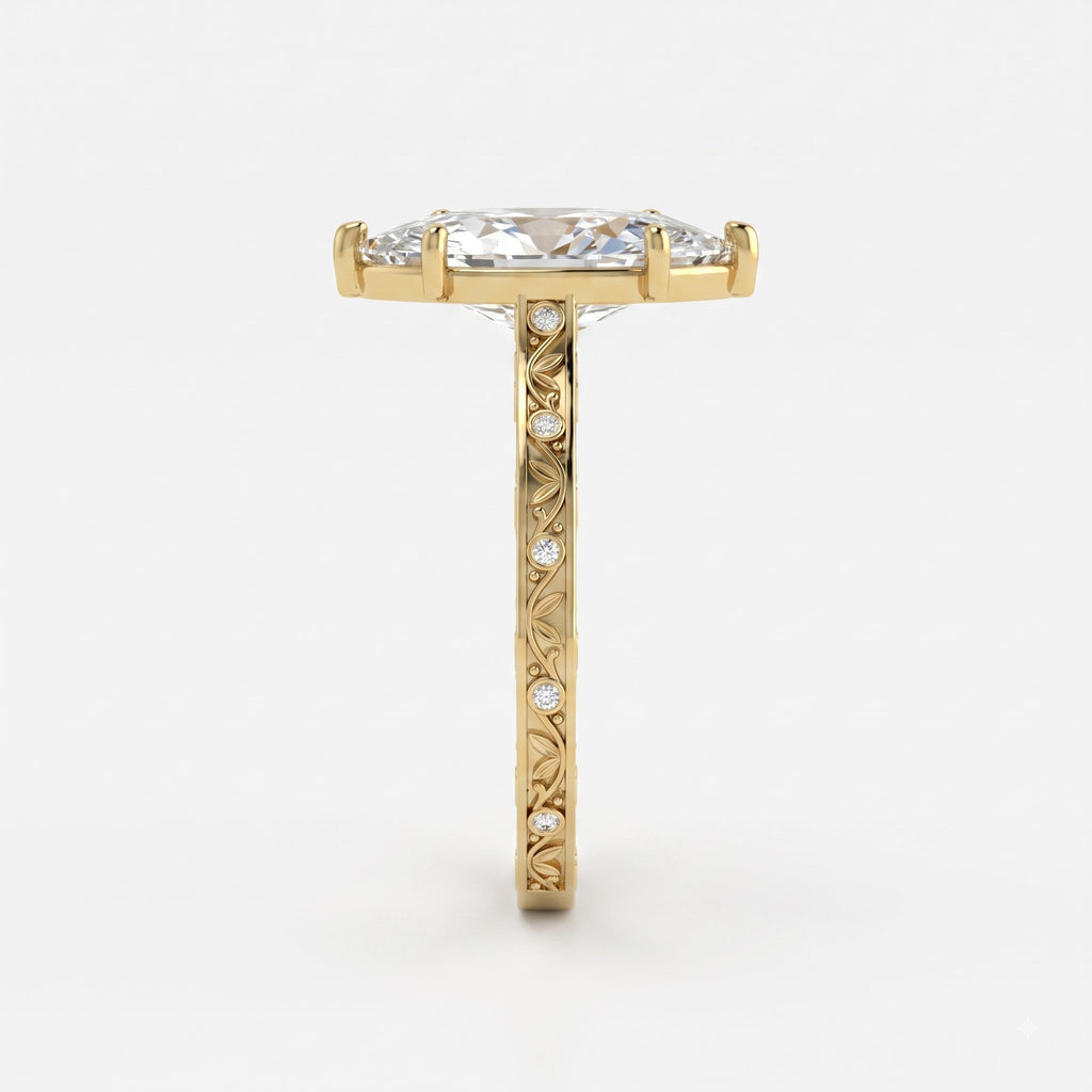 The Botanical Leaf Motif Engraved Marquise Diamond Vintage Ring