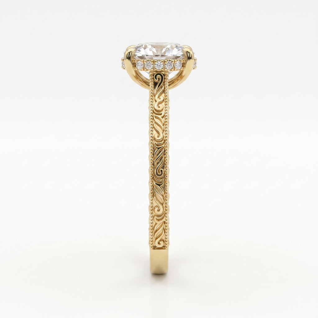 Vintage Inspired Long Cushion Cut Diamond Hidden Halo Ring