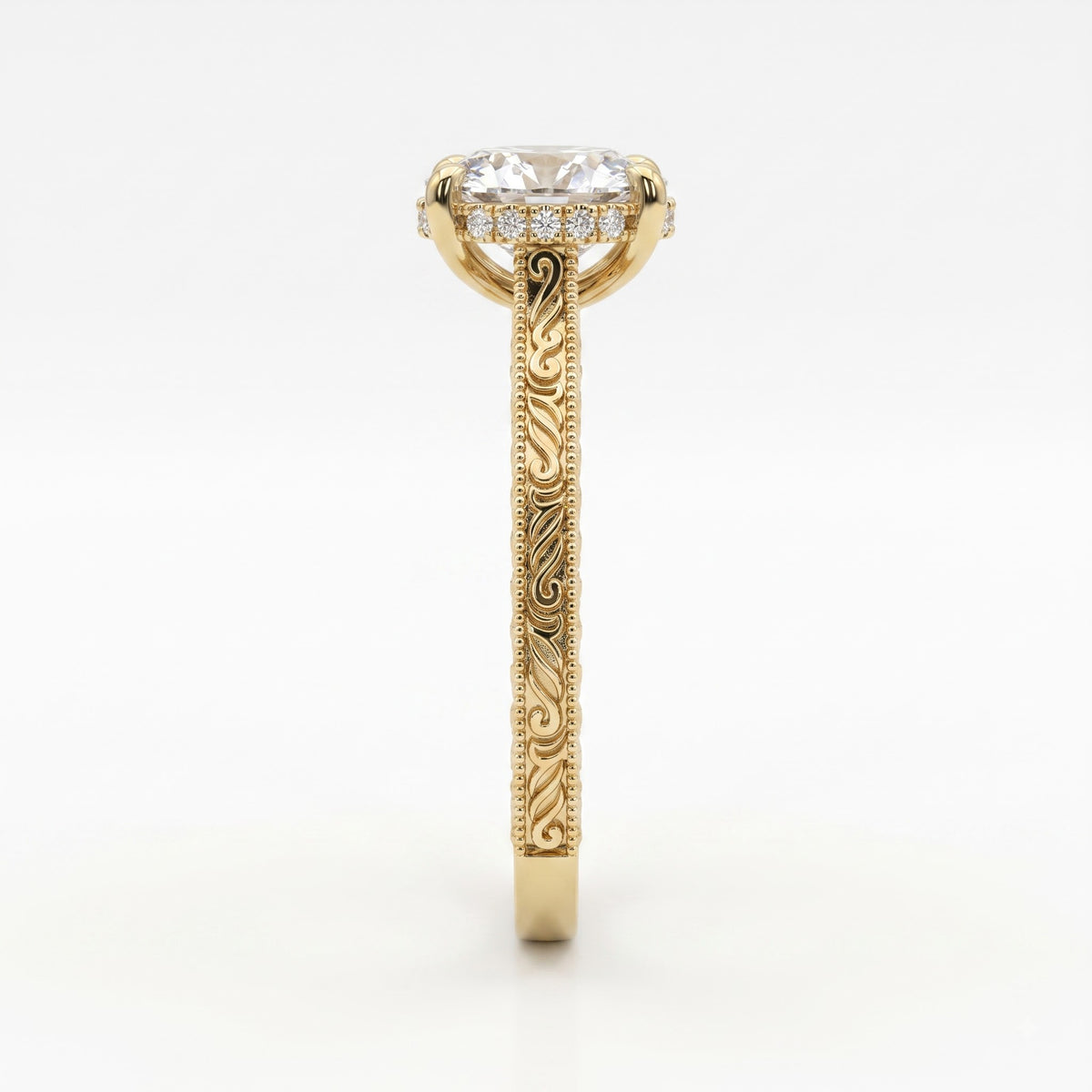 Vintage Inspired Long Cushion Cut Diamond Hidden Halo Ring