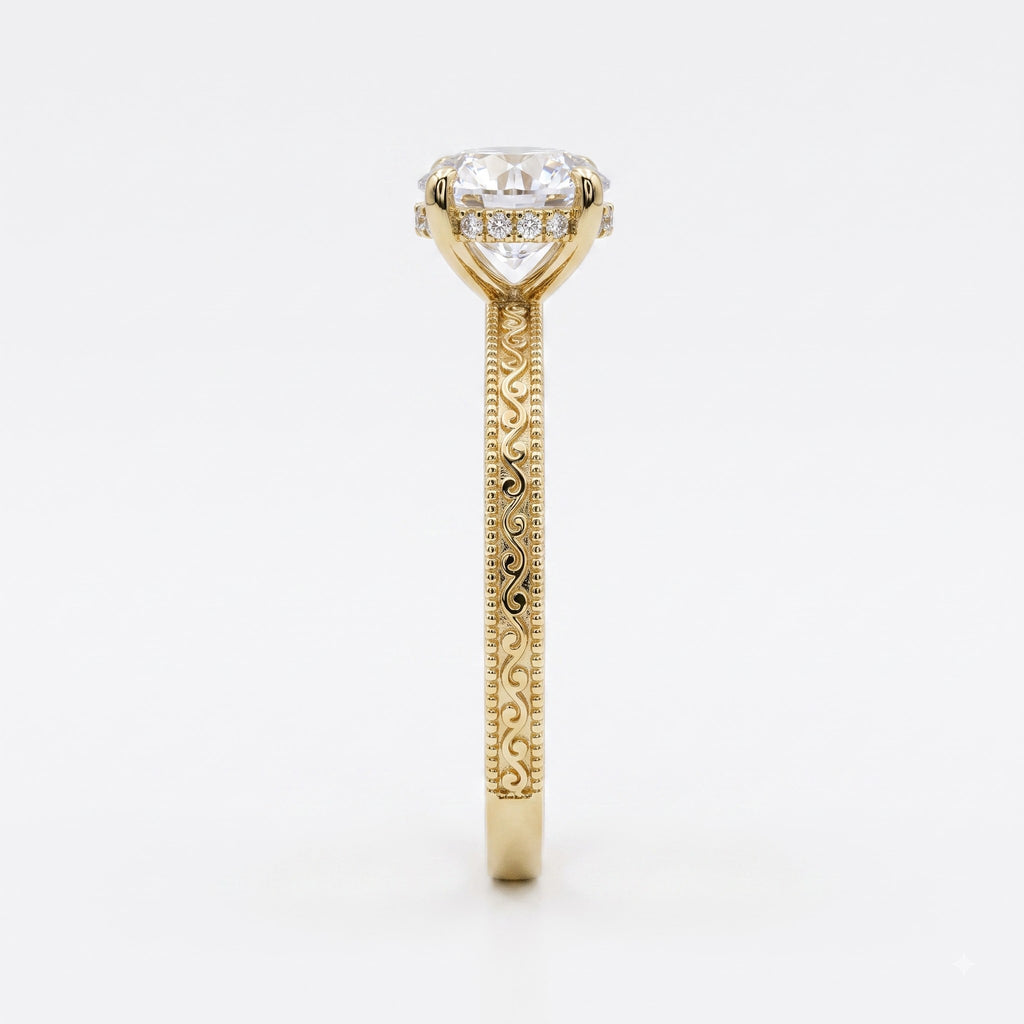 Vintage Inspired Regal Bloom Round Diamond Hidden Halo Ring