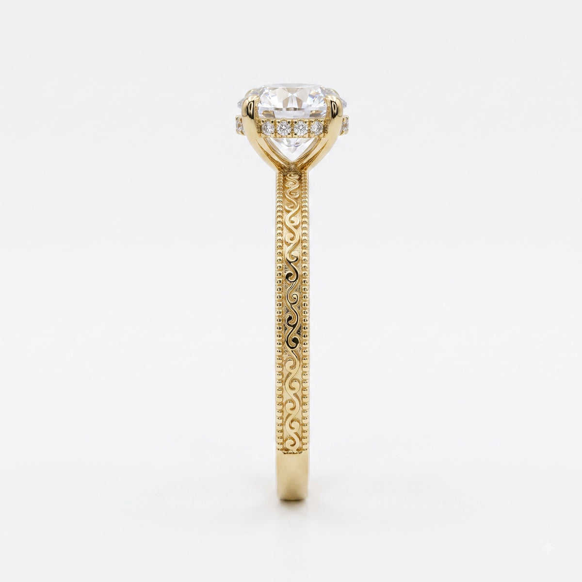 Vintage Inspired Regal Bloom Round Diamond Hidden Halo Ring