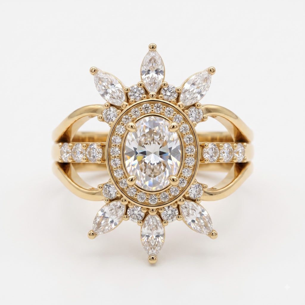 Celestia Bloom Oval Diamond Floral Sunburst Vintage Ring