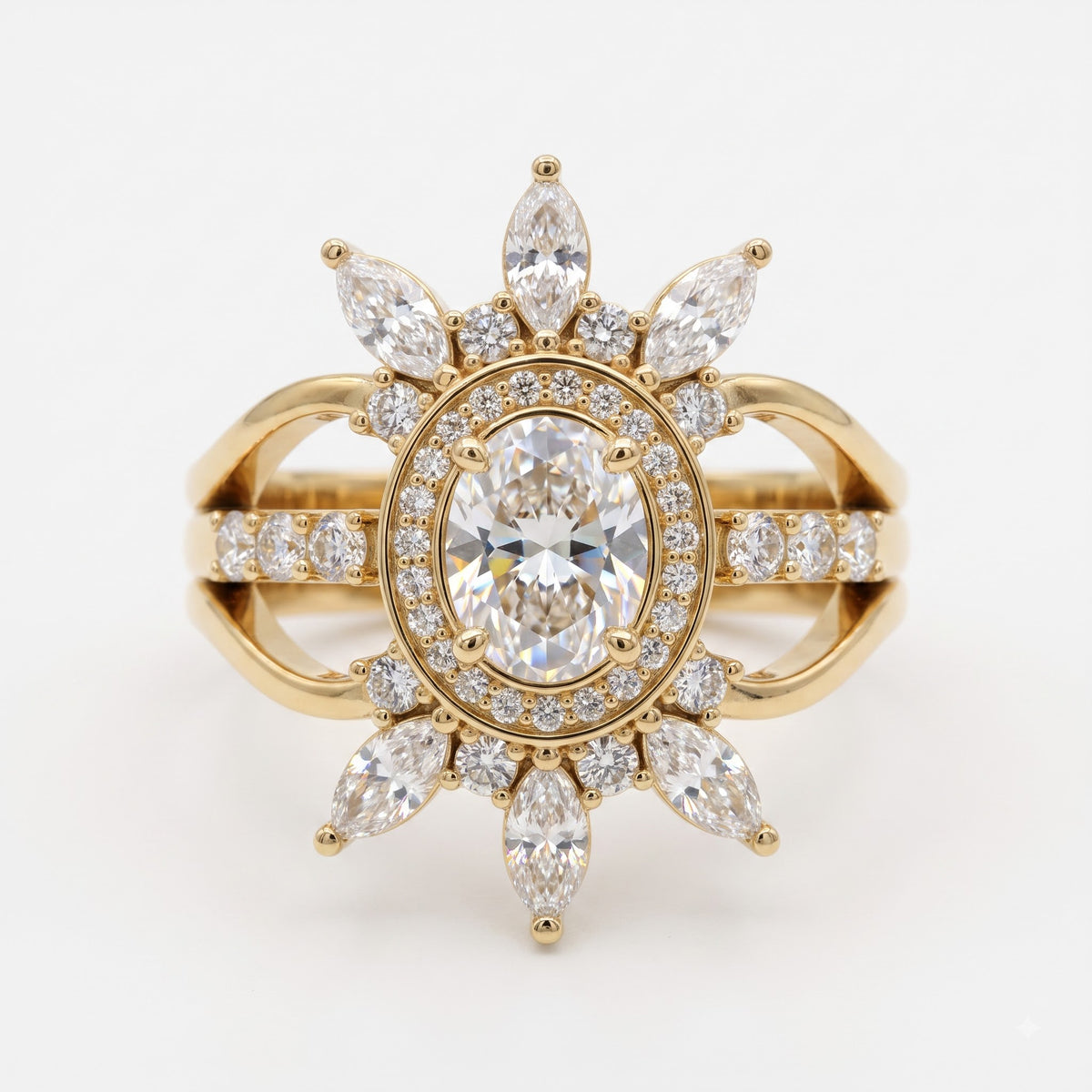 Celestia Bloom Oval Diamond Floral Sunburst Vintage Ring