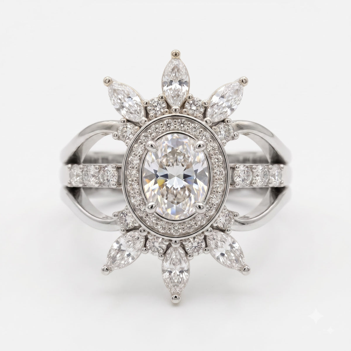 Celestia Bloom Oval Diamond Floral Sunburst Vintage Ring