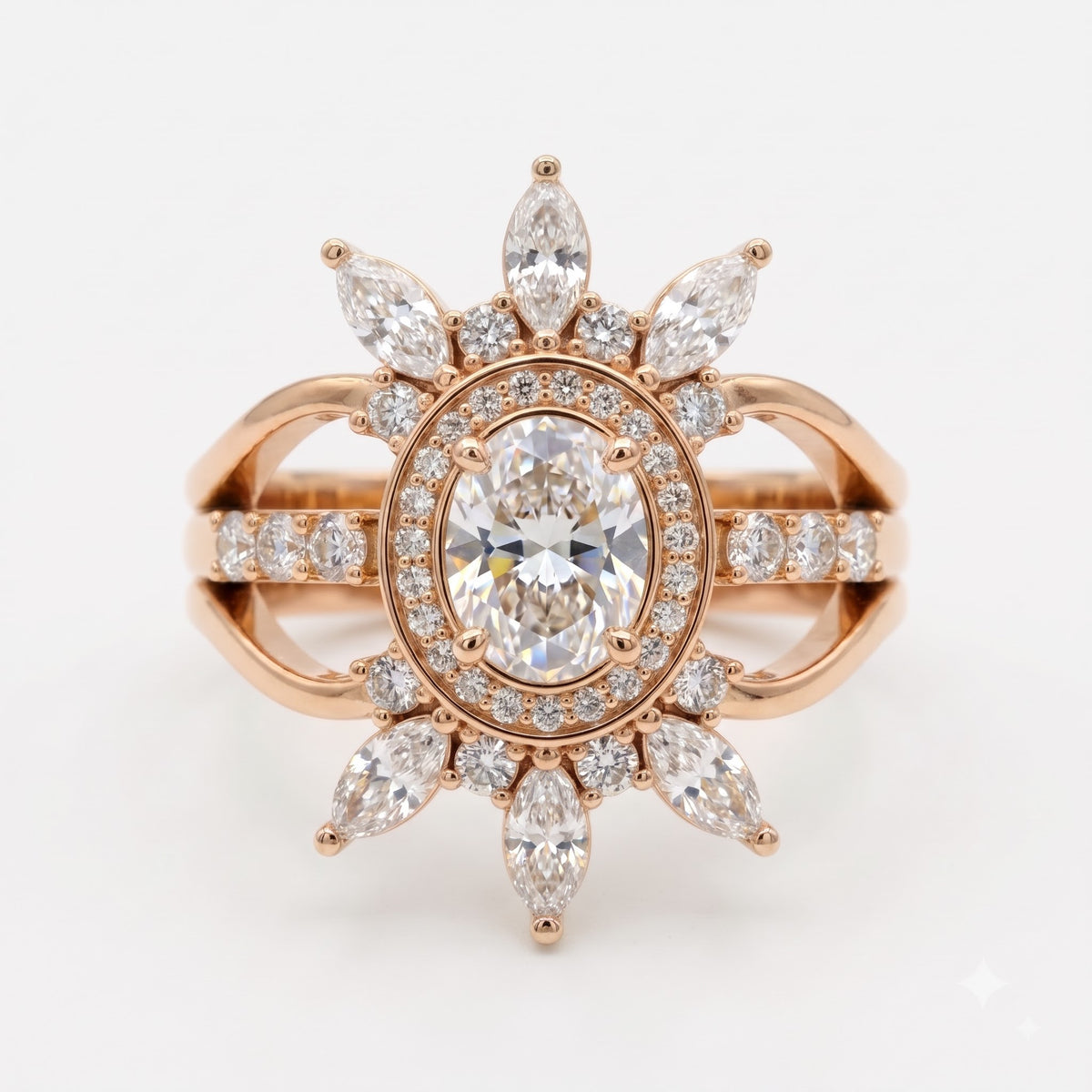 Celestia Bloom Oval Diamond Floral Sunburst Vintage Ring