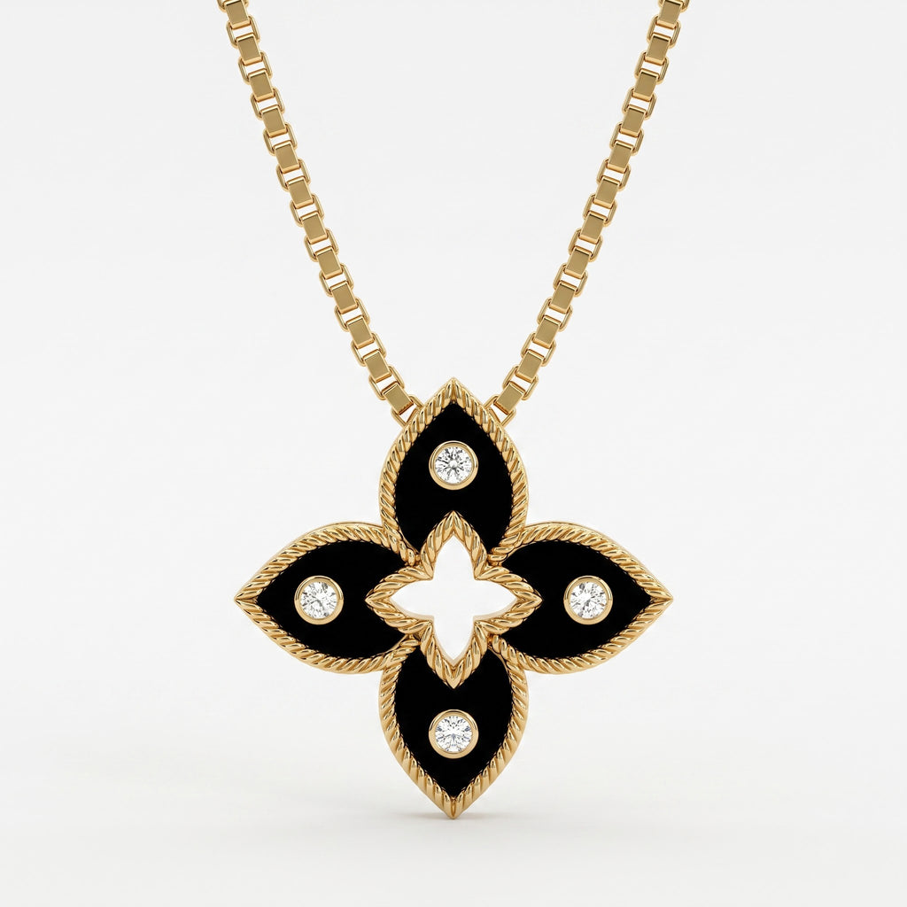 Black Enamel four-petal floral Round Diamond Pendant Necklace