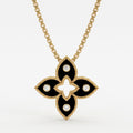 Black Enamel four-petal floral Round Diamond Pendant Necklace