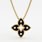 Black Enamel four-petal floral Round Diamond Pendant Necklace