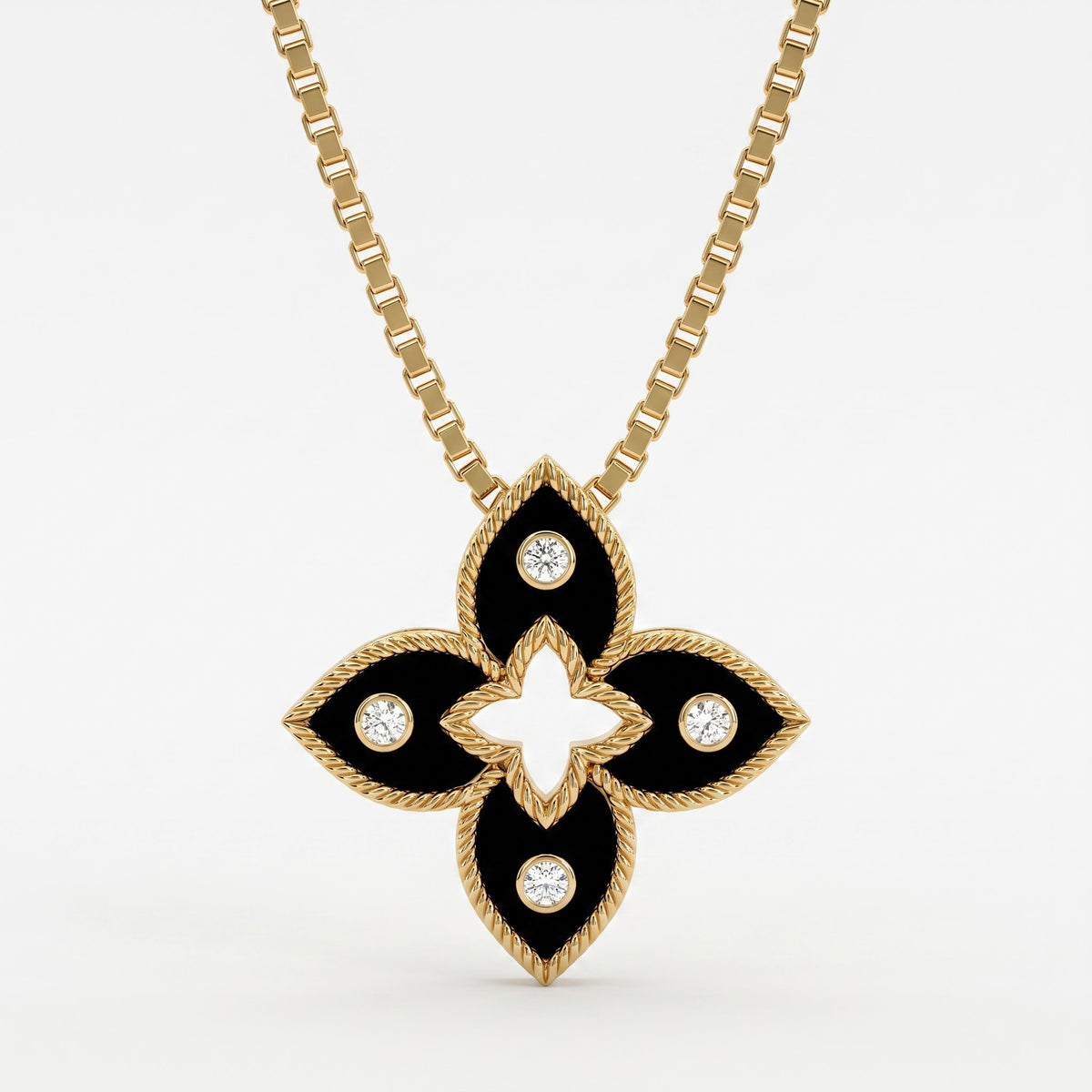 Black Enamel four-petal floral Round Diamond Pendant Necklace