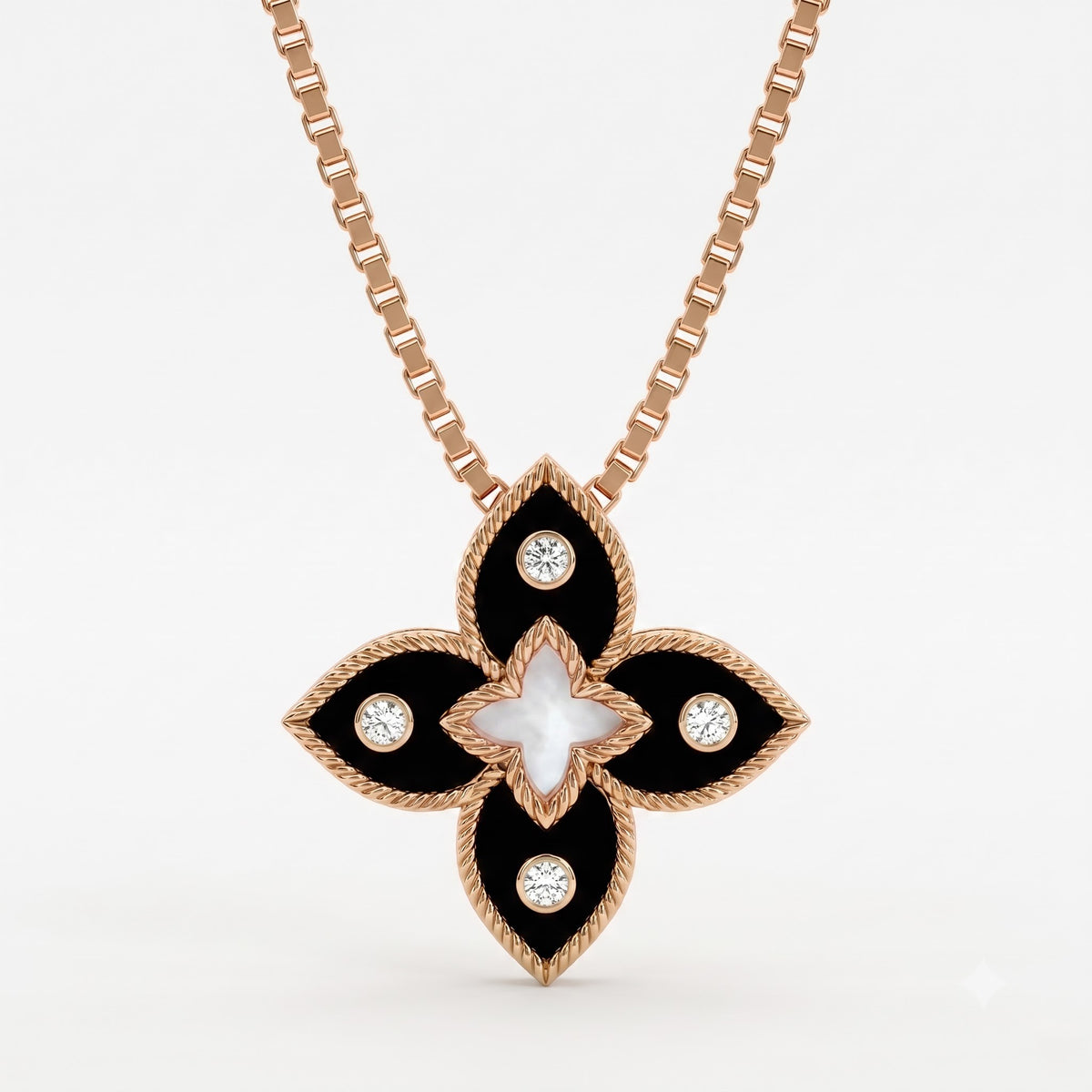 Black Enamel four-petal floral Round Diamond Pendant Necklace