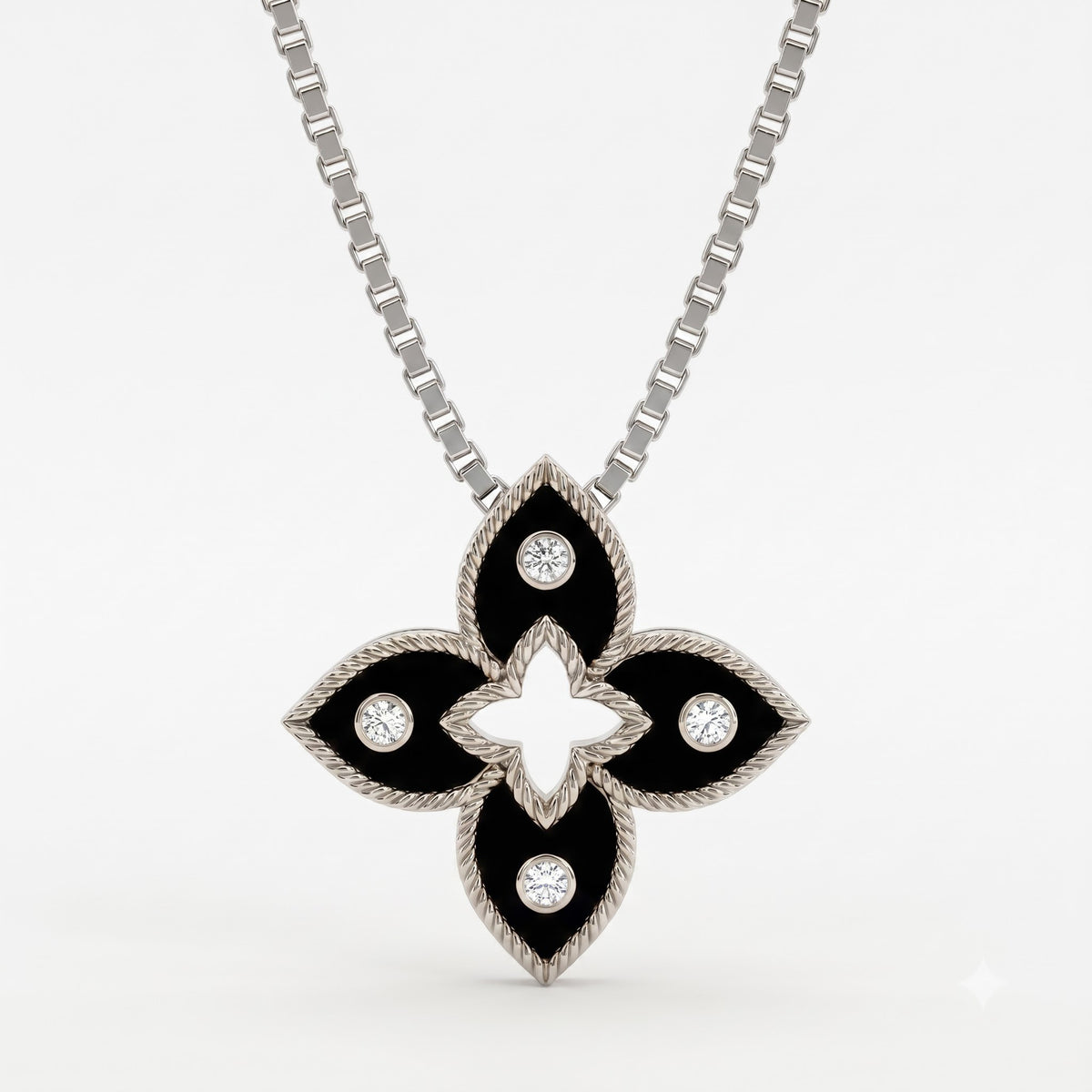 Black Enamel four-petal floral Round Diamond Pendant Necklace