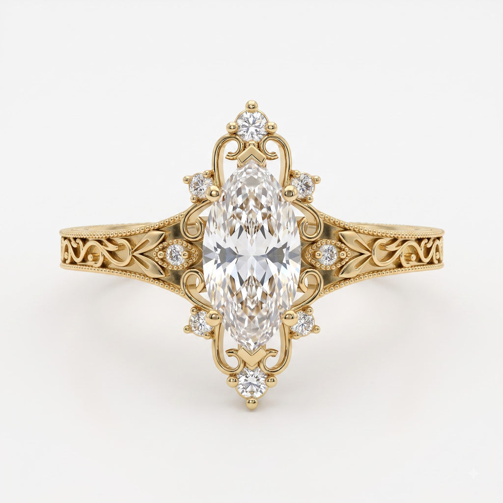 Luxurious Regal Filigree Marquise Diamond Vintage Ring