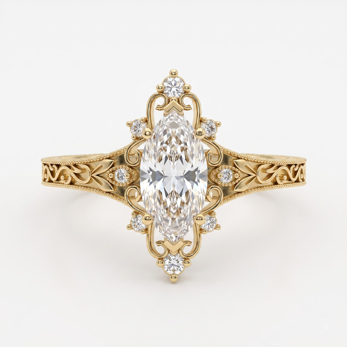 Luxurious Regal Filigree Marquise Diamond Vintage Ring