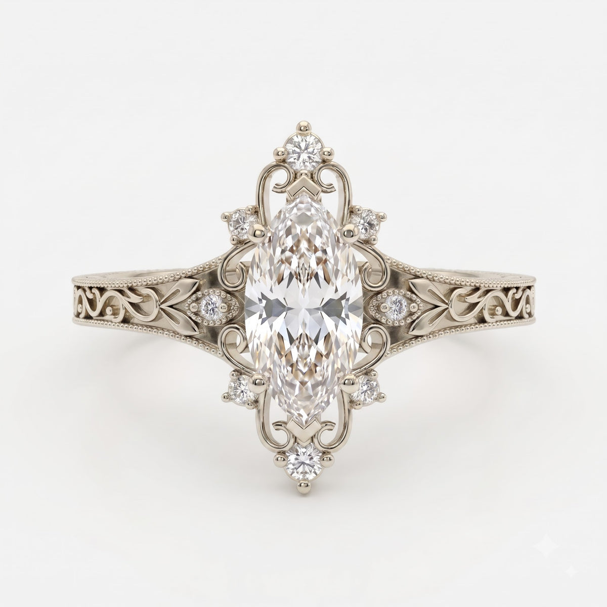 Luxurious Regal Filigree Marquise Diamond Vintage Ring