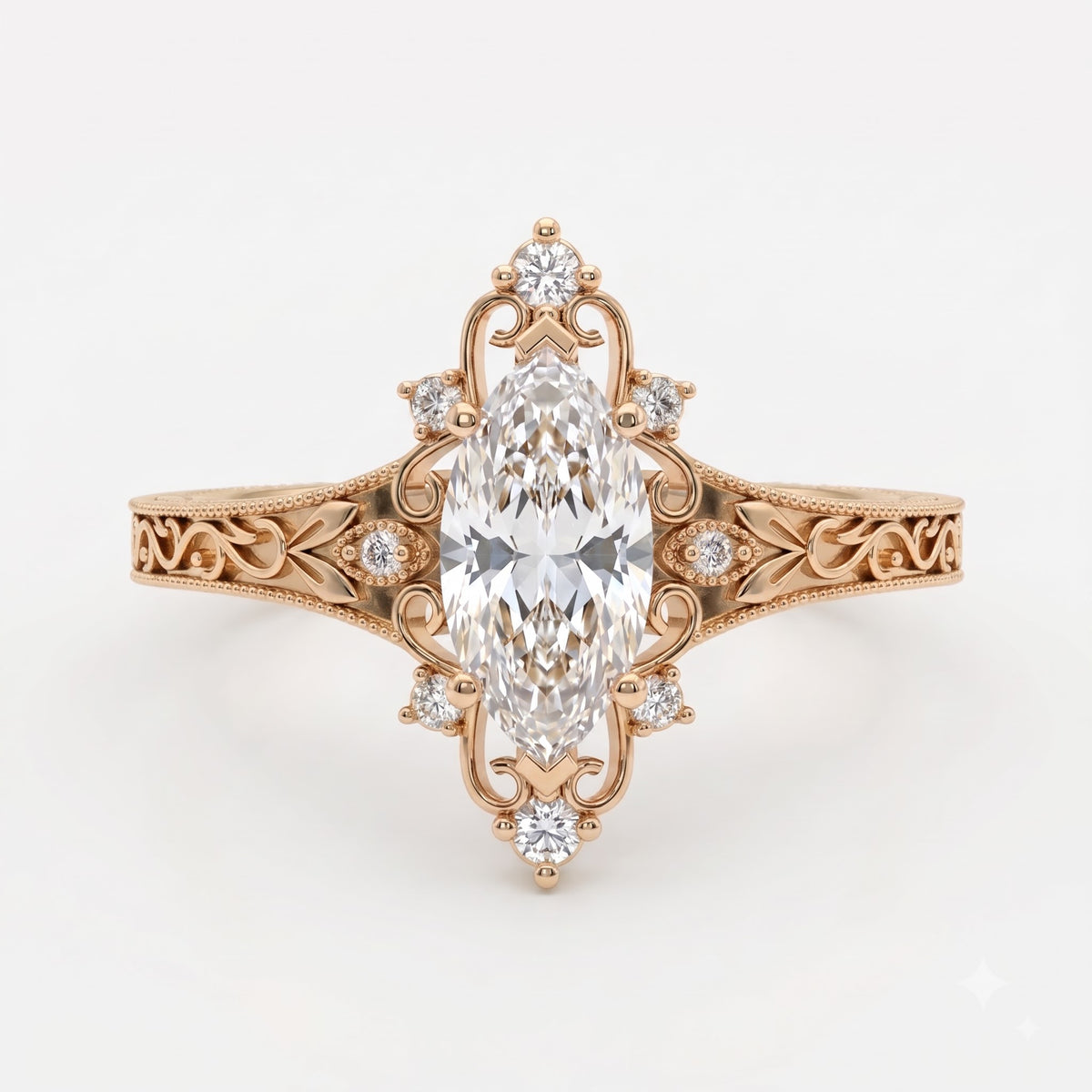 Luxurious Regal Filigree Marquise Diamond Vintage Ring