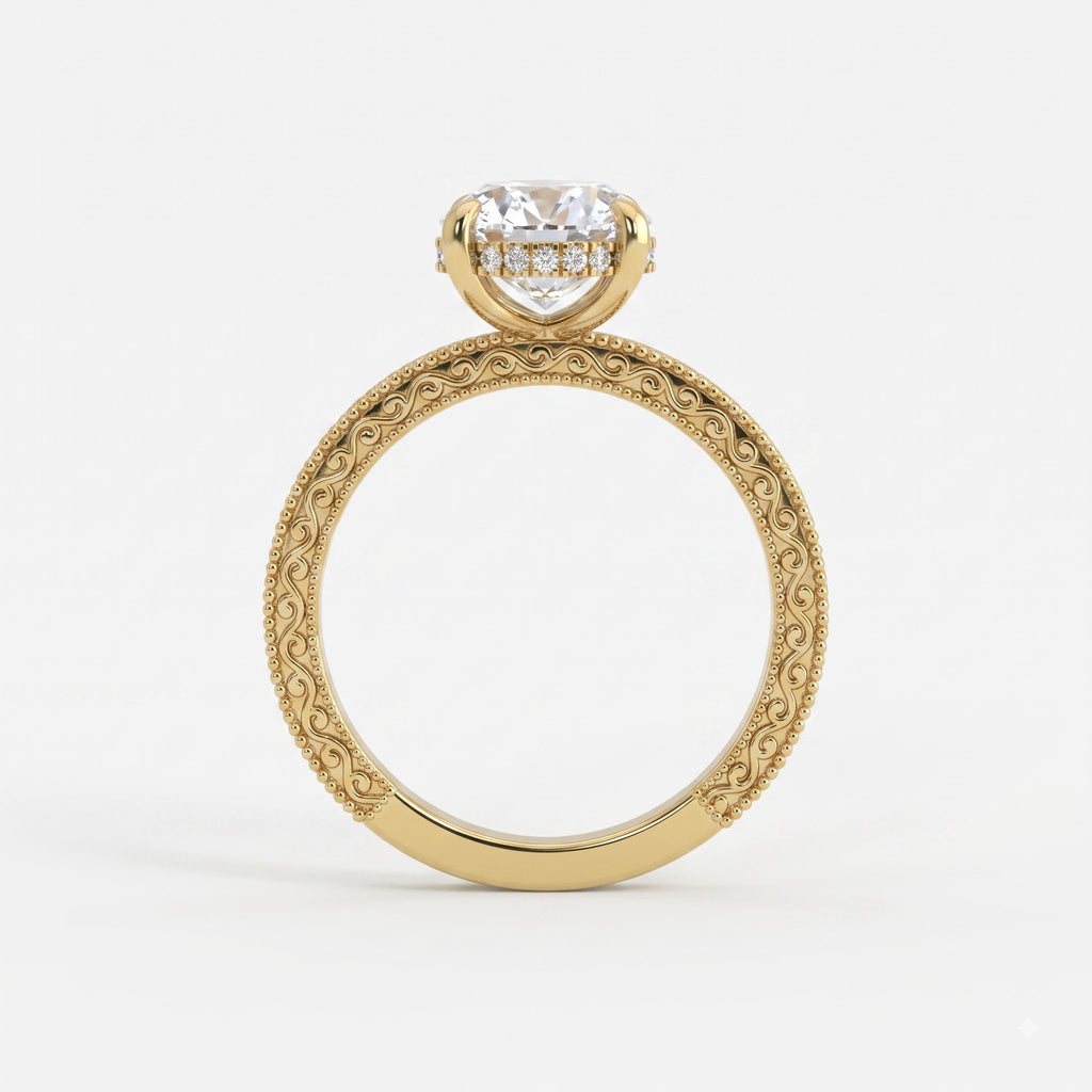 Aurelia Élan Oval-Cut Vintage Scrollwork Hidden Halo Ring