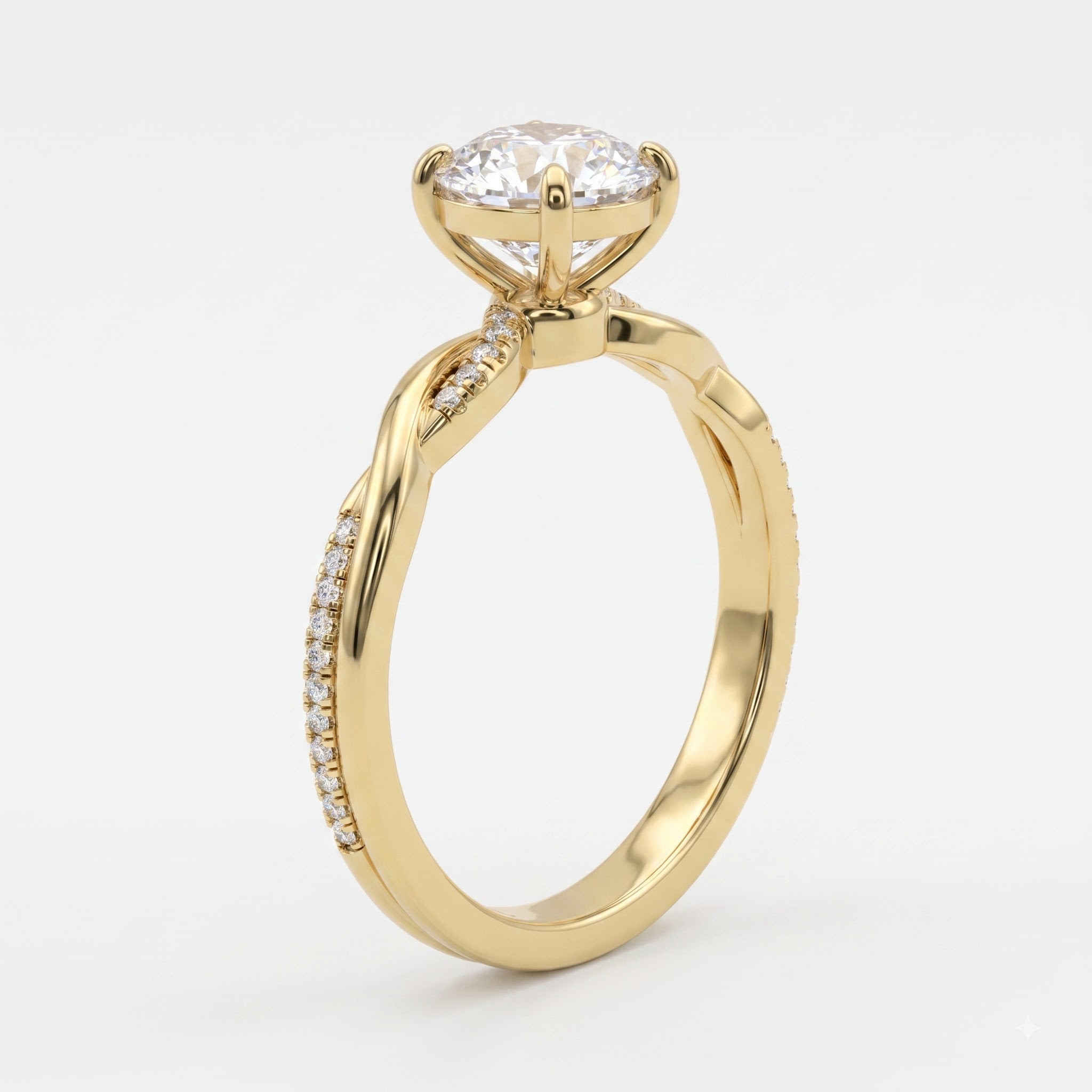 Round Brilliant Twisted Split-Shank Pavé Side Stone Engagement Ring