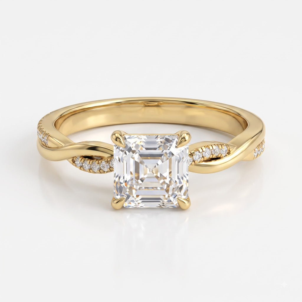 Asscher Cut Twist Pavé Diamond Side Stone Engagement Ring
