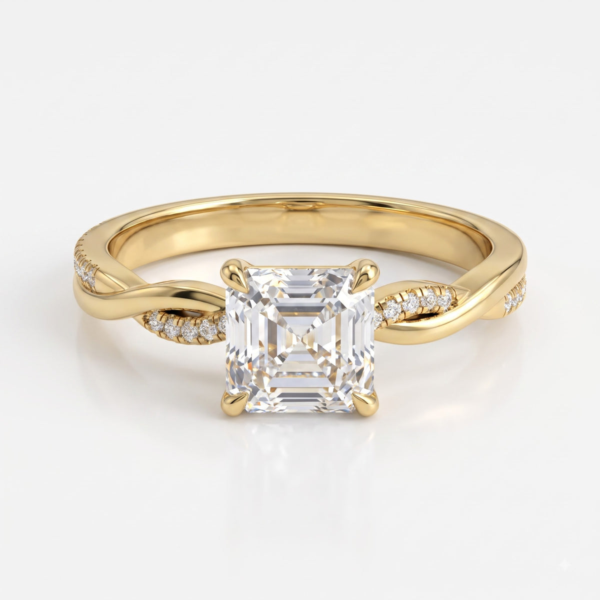 Asscher Cut Twist Pavé Diamond Side Stone Engagement Ring