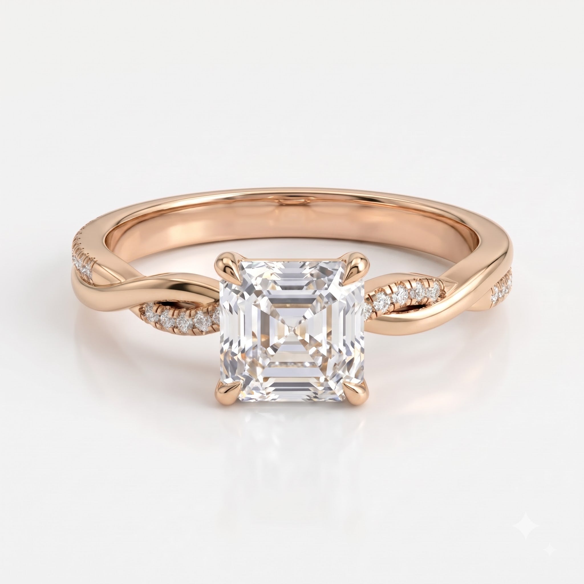 Asscher Cut Twist Pavé Diamond Side Stone Engagement Ring