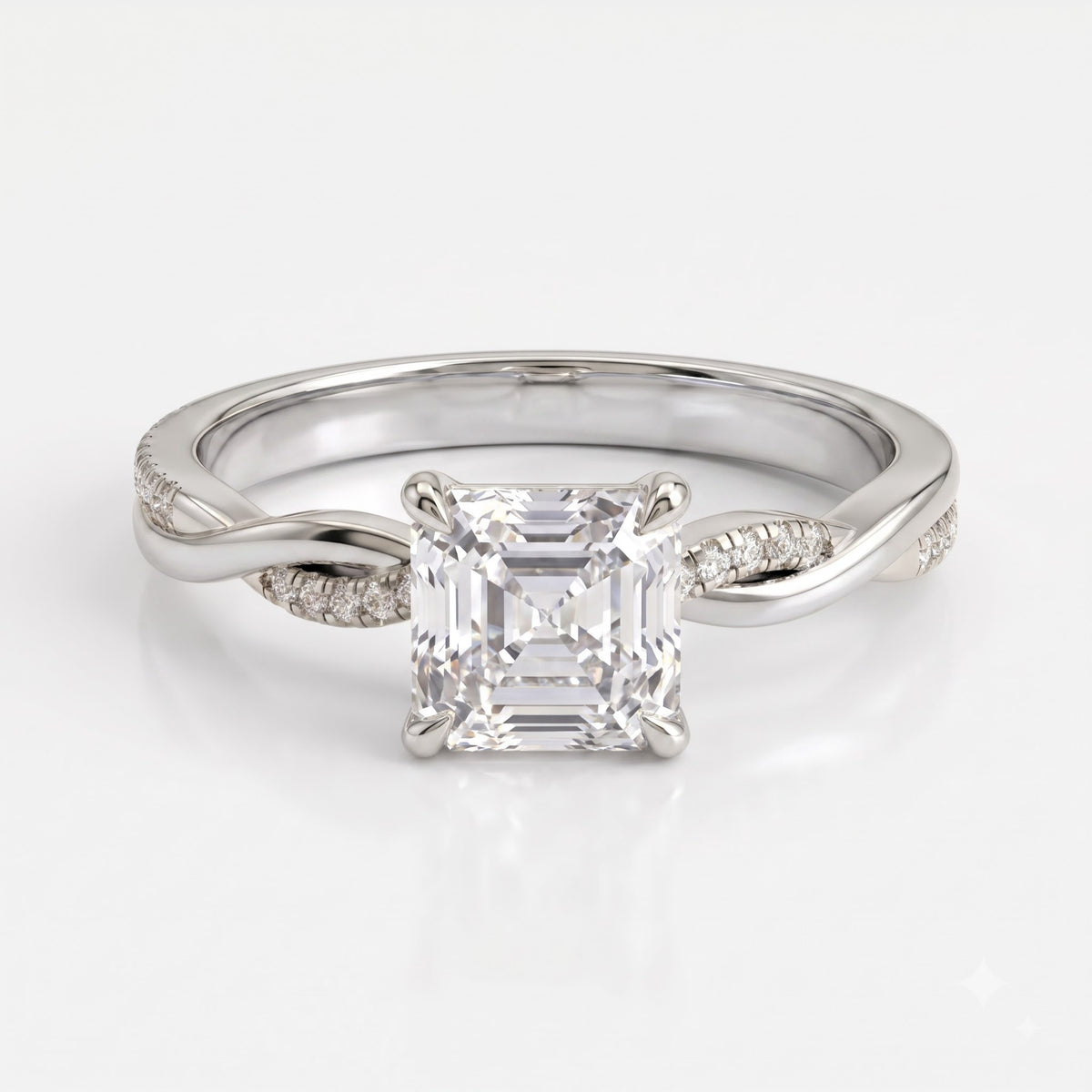 Asscher Cut Twist Pavé Diamond Side Stone Engagement Ring