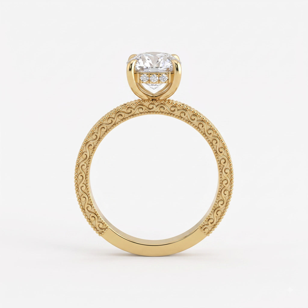Evelyn Vintage Filigree Emerald Diamond Hidden Halo Ring
