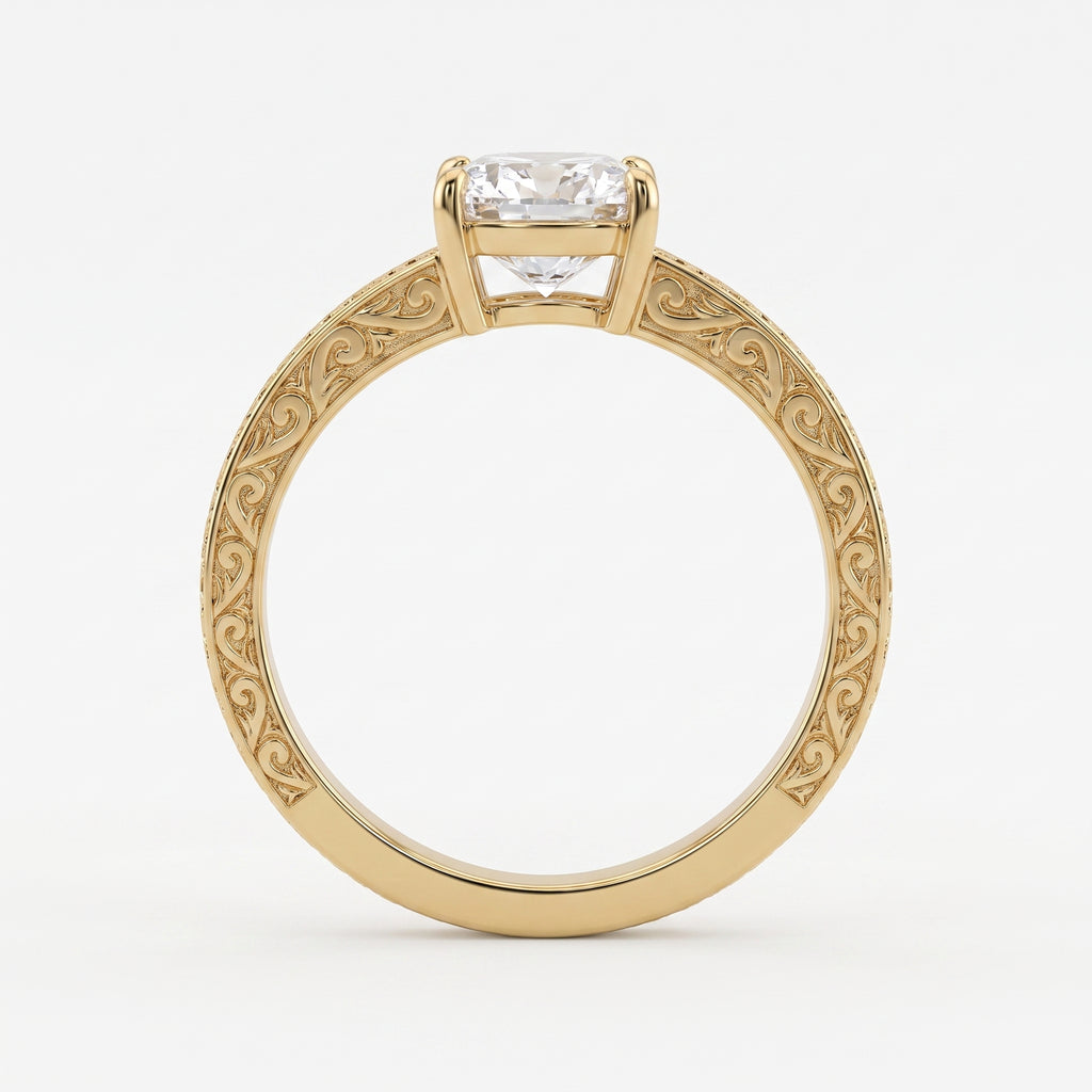 Vintage Floral Engraved Long Cushion Solitaire Ring