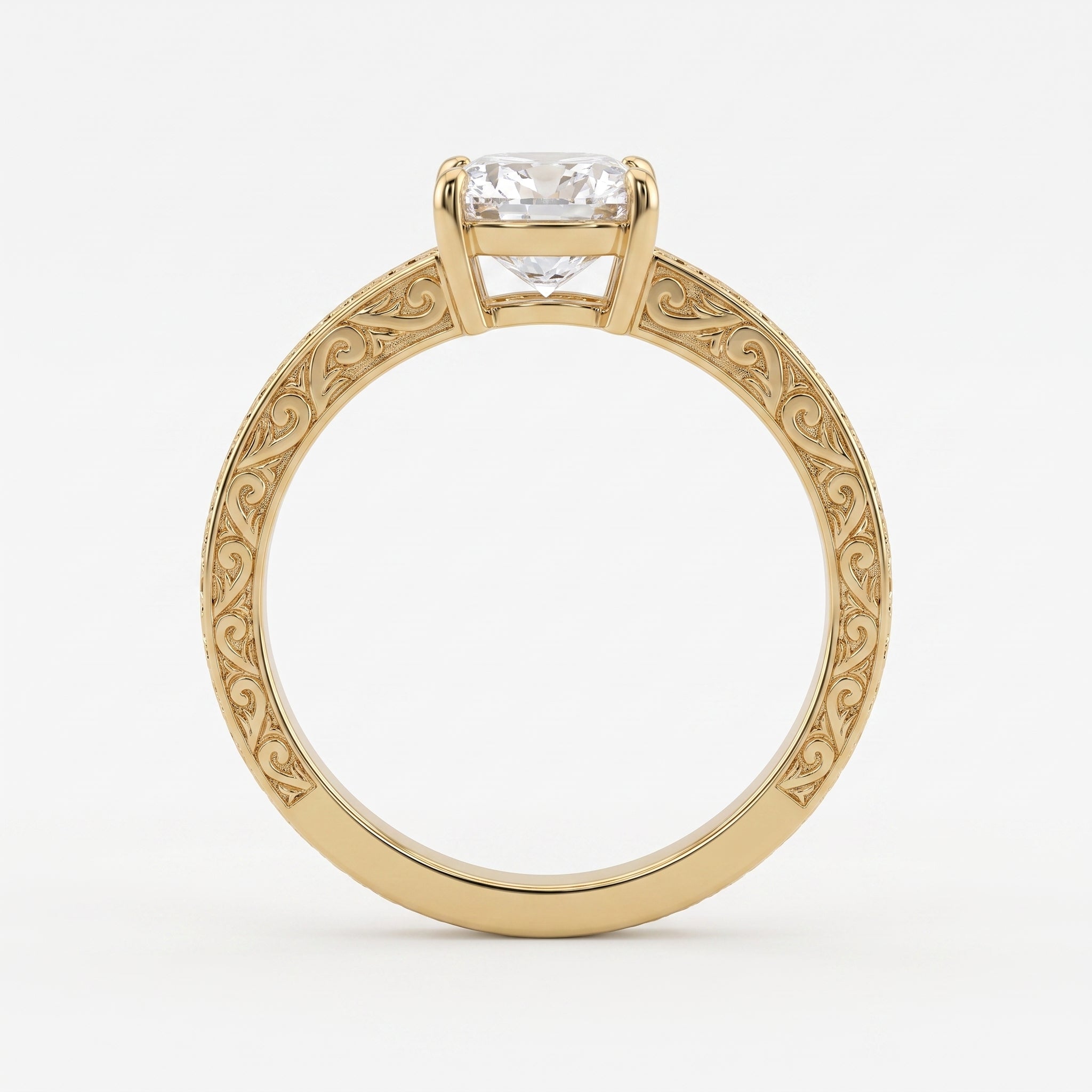 Vintage Floral Engraved Long Cushion Solitaire Ring
