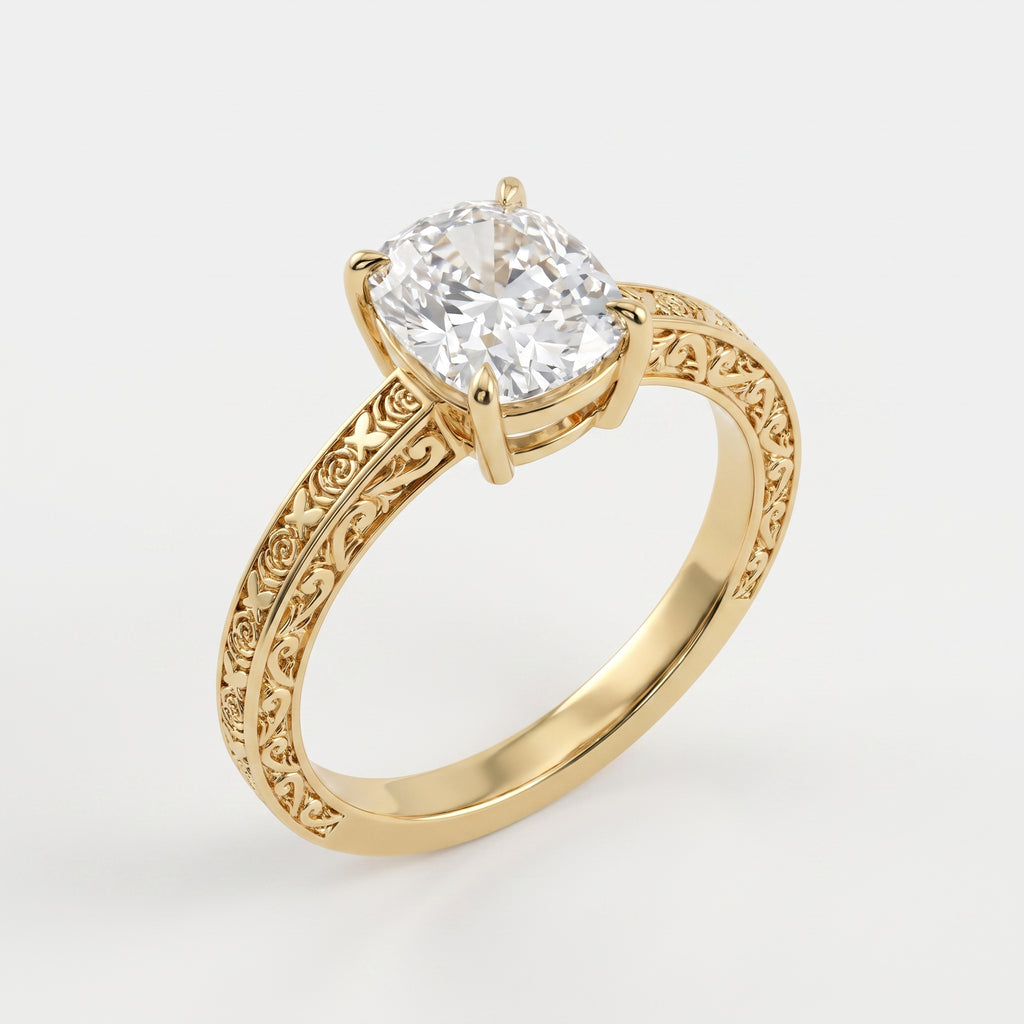 Vintage Floral Engraved Long Cushion Solitaire Ring