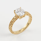 Vintage Floral Engraved Long Cushion Solitaire Ring