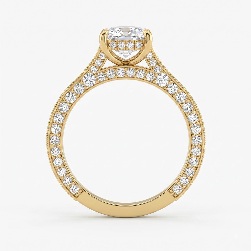 Vintage Inspired Long Cushion Cut Diamond Hidden Halo Ring