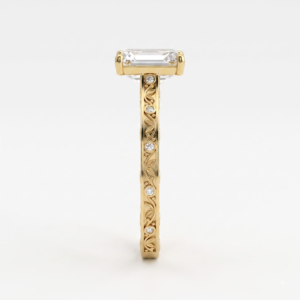 Botanical Motif Emerald-Cut Diamond Vintage Ring