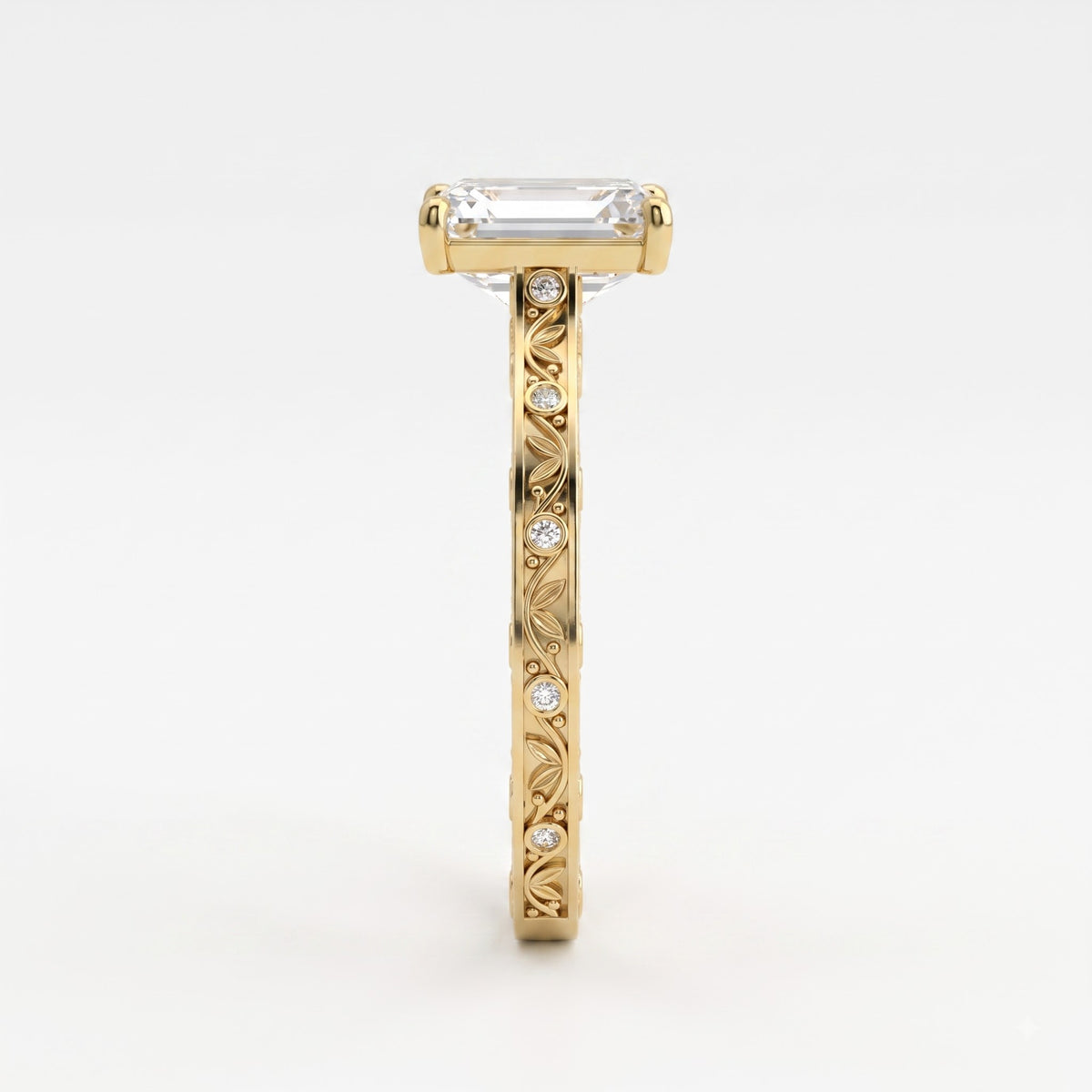 Botanical Motif Emerald-Cut Diamond Vintage Ring