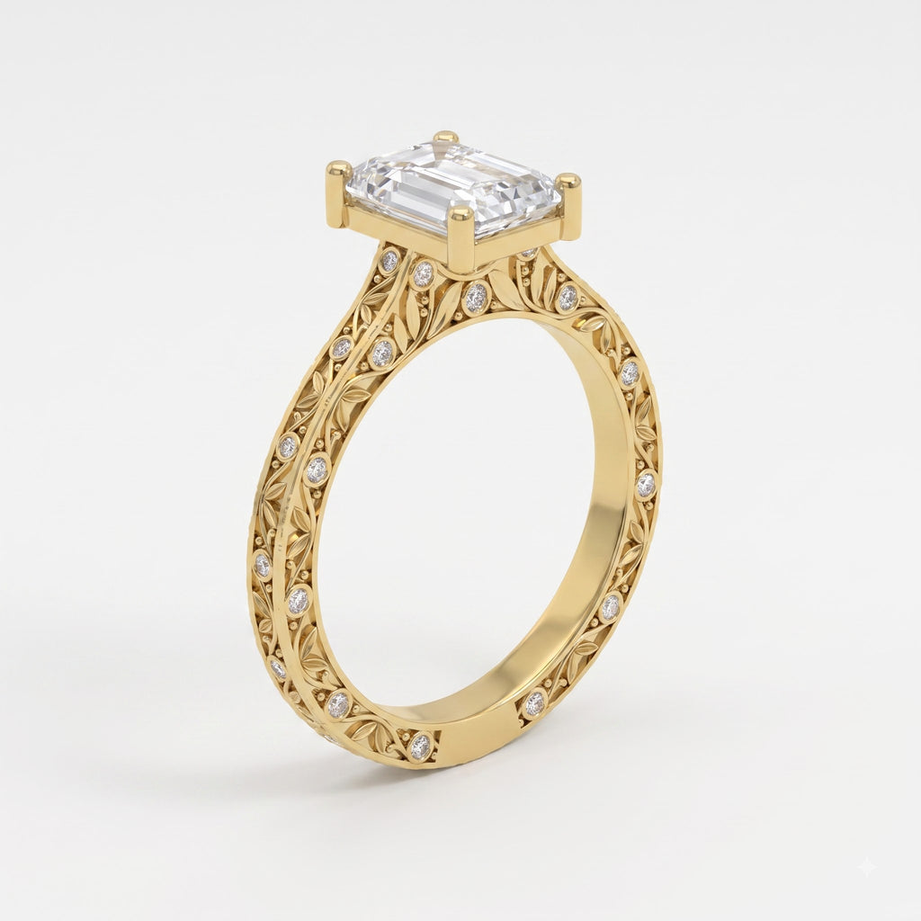 Botanical Motif Emerald-Cut Diamond Vintage Ring